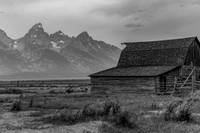 B&W Mormon barn and Tetons